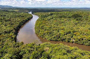 RIVIERE COMTE AU MILIEU DE LA FORET AMAZONIENNE, ROURA, GUYANE FRANCAISE, DEPARTEMENT-REGION D'OUTRE-MER, AMERIQUE DU SUD, FRANCE 
