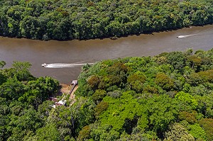 NAVIGATION SUR LA RIVIERE COMTE AU MILIEU DE LA FORET AMAZONIENNE, ROURA, GUYANE FRANCAISE, DEPARTEMENT-REGION D'OUTRE-MER, AMERIQUE DU SUD, FRANCE 