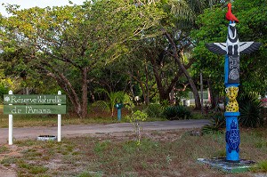 TOTEM DES ANIMAUX EMBLEMATIQUES DE LA GUYANE (IBIS ROUGE, HARPIE FEROCE, JAGUAR, TORTUE), VILLAGE AMERINDIEN DE AWARA, RESERVE NATURELLE DE L'AMANA, COMMUNE DE MANA, GUYANE FRANCAISE, DEPARTEMENT-REGION D'OUTRE-MER, AMERIQUE DU SUD, FRANCE 