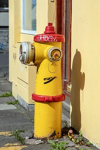 BORNE INCENDIE DE COULEUR JAUNE ET ROUGE DANS LA RUE, REYKJAVIK, ISLANDE 