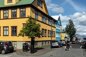 FEMME ET CHIEN DEVANT UNE MAISON COLOREE JAUNE TYPIQUE, REYKJAVIK, REYKJAVIK, ISLANDE 