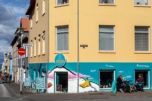 UN COUPLE DE FEMME DEGUSTANT UNE GLACE VEGAN DANS LE RESTAURANT LE JUYLATO, REYKJAVIK, ISLANDE 