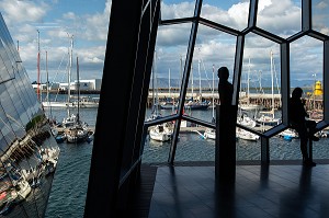 FEMME DEVANT LE CENTRE CULTUREL HARPA FACE AU PORT DE PLAISANCE, SALLE DE CONCERT ET OPERA NATIONAL, CENTRE DES CONGRES, ARCHITECTE HENNING LARSEN ET OLAFUR ELIASSON, REYKJAVIK, ISLANDE 