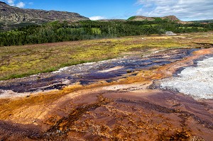 PAYSAGE COLORE, SOURCE D'EAU CHAUDE SUR LE SITE DE GEYSIR, CERCLE D'OR, GOLDEN CIRCLE, SUD-OUEST DE L'ISLANDE 