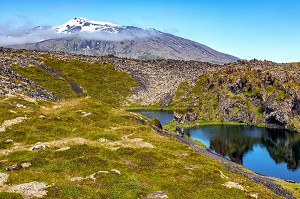 PAYSAGE DE DJUPALONSSANDUR AVEC LE VOLCAN SNAEFELLSJOKULL RENDU CELEBRE PAR JULES VERNE, PRESQU'ILE VOLCANIQUE DE GRUNDARFJORDUR, PENINSULE DE SNAEFFELSNES, ARNARSTAPI, ISLANDE