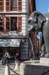 ELEPHANT DE LA FONTAINE DES QUATRE SANS CUL FONTAINE ERIGEE EN MEMOIRE DE HANNIBAL QUI TRAVERSA LES ALPES A DOS D'ELEPHANTS, CHAMBERY, SAVOIE (73), FRANCE