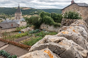 VU D'UN POTAGER ET DE L'EGLISE SEVERAC-LE-CHATEAU, AVEYRON (12), FRANCE 