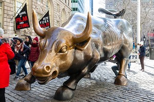 TAUREAU DE WALL STREET OU CHARGING BULL, STATUE EN BRONZE DE L'ARTISTE ARTURO DI MODICA, BOWLING GREEN PARK PRES DE LA BOURSE, MANHATTAN, NEW-YORK, ETATS-UNIS, USA 