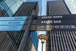 SIGNALETIQUE ARCHE NORD ET SUD, METRO GRANDE ARCHE, IMMEUBLES ET TOURS DE PARIS-LA DEFENSE, PUTEAUX, FRANCE 