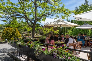 TERRASSE DU CAFE FLORA POUR DEGUSTER LES LEGUMES BIO DU JARDIN BOTANIQUE, EDMUNDSTON, NOUVEAU-BRUNSWICK, CANADA, AMERIQUE DU NORD 