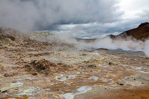 BASSINS DE BOUE GRISE BOUILLONNANTS ET FUMEROLLES EMETTANT DU GAZ SULFURIQUE, SITE GEOTHERMIQUE DE HVERAROND, PAYSAGE DU VOLCANISME DE NAMASKARD, REYKJAHLID, ISLANDE, EUROPE 
