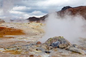 BASSINS DE BOUE GRISE BOUILLONNANTS ET FUMEROLLES EMETTANT DU GAZ SULFURIQUE, SITE GEOTHERMIQUE DE HVERAROND, PAYSAGE DU VOLCANISME DE NAMASKARD, REYKJAHLID, ISLANDE, EUROPE 