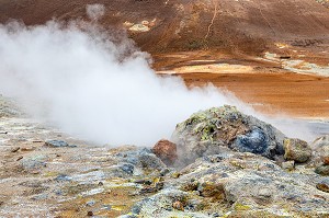 BASSINS DE BOUE GRISE BOUILLONNANTS ET FUMEROLLES EMETTANT DU GAZ SULFURIQUE, SITE GEOTHERMIQUE DE HVERAROND, PAYSAGE DU VOLCANISME DE NAMASKARD, REYKJAHLID, ISLANDE, EUROPE 