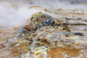 BASSINS DE BOUE GRISE BOUILLONNANTS ET FUMEROLLES EMETTANT DU GAZ SULFURIQUE, SITE GEOTHERMIQUE DE HVERAROND, PAYSAGE DU VOLCANISME DE NAMASKARD, REYKJAHLID, ISLANDE, EUROPE 