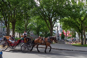 TOURISTES ETRANGERS EN BALADE EN CALECHE DEVANT LA FONTAINE DE LA PLACE D'ARMES, QUEBEC, CANADA