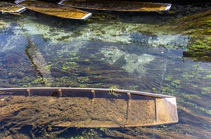 BATEAUX TRADITIONNELS A FOND PLAT AU FOND DE LA RIVIERE, L'ISLE-SUR-LA-SORGUE, VAUCLUSE, LUBERON, FRANCE 