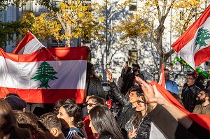 DES CENTAINES DE QUEBECOIS D'ORIGINE LIBANAISE MANIFESTENT POUR DEMANDER LA DEMISSION DU GOUVERNEMENT DU LIBAN, SQUARE DORCHESTER, MONTREAL, QUEBEC, CANADA 