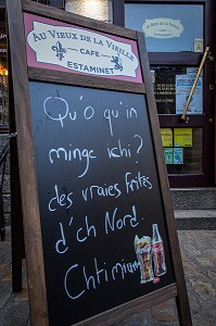 CARTE DU RESTAURANT EN TCHI, CAFE ESTAMINET AU VIEUX DE LA VIEILLE, LILLE, NORD, FRANCE 