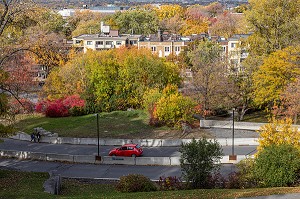 COULEURS D'AUTOMNE PRES DE L'UNIVERSITE DE MONTREAL, CHEMIN DE LA RAMPE ET APPARTEMENTS LA SORBONNE, MONTREAL, QUEBEC, CANADA 