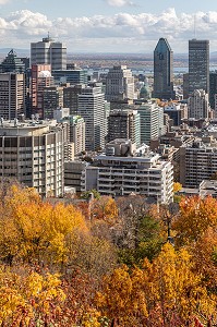 COULEURS D'AUTOMNE DANS LE PARC DU MONT-ROYAL ET VUE SUR DE QUARTIER DES AFFAIRES DE LA VILLE DE MONTREAL, QUEBEC, CANADA 