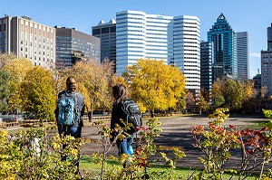 PARC DE L'UNIVERSITE MCGILL AUX COULEURS D'AUTOMNE DEVANT LE QUARTIER DES AFFAIRES, RUE SHERBROOKE, MONTREAL, QUEBEC, CANADA 