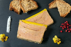 TRANCHES DE FOIE GRAS DE CANARD ENTIER MI-CUIT, BOUTIQUE A LA FERME, PRODUCTEUR DE FOIE GRAS ET DE CONSERVES A BASE DE CANARD, DOMAINE DE VOISIN, TILLAY-LE-PENEUX, EURE-ET-LOIR, FRANCE 