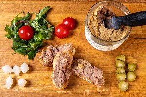 RILLETTES DE CANARD, PRODUCTEUR DE FOIE GRAS ET DE CONSERVES A BASE DE CANARD, DOMAINE DE VOISIN, TILLAY-LE-PENEUX, (28) EURE-ET-LOIR, CENTRE-VAL DE LOIRE, FRANCE 