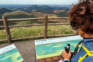 LA PIERRE, EXPLICATION DU PANORAMA DE LA CHAINE DES PUYS, SOMMET DU PUY-DE-DOME, VOLCAN D'AUVERGNE, ORCINES, FRANCE 