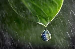 JOUVENCE, GOUTTE D'EAU EN FORME DE TERRE TOMBANT D'UNE FEUILLE SOUS LA PLUIE, ILLUSTRATION DE LA VIE SUR LA PLANETE,  EXPOSITION PHOTOGRAPHIQUE ‘TERRE FRAGILE’ MONTRANT L’IMPACT DE L’HOMME SUR LA PLANETE, FRANCE, MONDE 