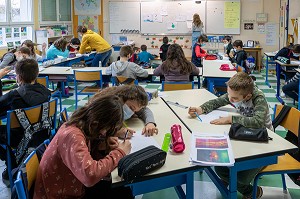 ELEVES ET MAITRESSE D'ECOLE DE CLASSE ELEMENTAIRE, CHARENTE-MARITIME, FRANCE 