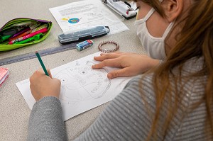 COURS D'ART PLASTIQUE, TRAVAIL DE GROUPE SUR LE PROJET TERRE FRAGILE POUR VENIR AU SECOURS DE LA TERRE, ELEVES DE 6EMME AU COLLEGE, CHARENTE-MARITIME, FRANCE 