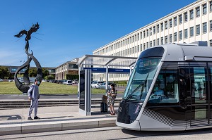 TRAMWAY DEVANT LE PHENIX DE L'UNIVERSITE DE CAEN, SCULPTURE DE LOUIS LEYGUE, CALVADOS, NORMANDIE, FRANCE 