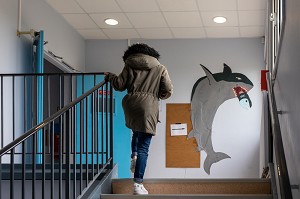 ESCALIER AVEC UN REQUIN QUI MANGE UNE SARDINE, COLLEGE DE RUGLES, RUGLES, EURE, NORMANDIE, FRANCE 