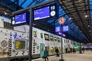 TRAINS A QUAI DANS LA GARE CENTRALE A LA TOMBEE DE LA NUIT, HELSINKI, FINLANDE, EUROPE 