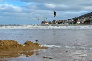 KITESURF SUR LA MER DEVANT VILLAGE DE HOULGATE DEPUIS LA COMMUNE DE DIVES-SUR-MER, CALVADOS, NORMANDIE, FRANCE 