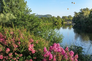 MONGOLFIERES AU DESSUS DE LA RIVIERE DORDOGNE, DOMME, DORDOGNE, PERIGORD, FRANCE 