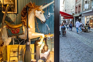 LICORNE DANS LA BOUTIQUE DE CONFISERIE MYSTERE ET BONBONNIERE, DINAN, COTES-D'AMOR, BRETAGNE, FRANCE 