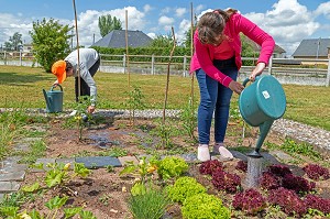 ATELIER JARDINAGE AVEC LES RESIDENTS, SESSAD LA RENCONTRE, ACCUEIL DE JOUR, ORGANISME DE SOUTIEN ET DE SERVICES AUX PERSONNES HANDICAPEES, LE NEUBOURG, EURE, NORMANDIE, FRANCE 