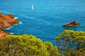 LES ROCHES ROUGES VUE DE LA BALADE SUR LE SENTIER DU CAP DRAMONT, SAINT-RAPHAEL, VAR, FRANCE 