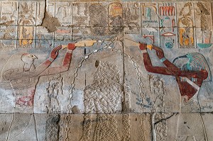 DIEU THOT A LA TETEE D'IBIS AVEC LE DIEU HORUS A TETE DE FAUCON PURIFIANT LA REINE HATCHEPSOUT DEVENUE PHARAON, DOMAINE D'AMON, TEMPLE DE KARNAK, SITE DE L'EGYPTE ANTIQUE DE LA XIII EME DYNASTIE, PATRIMOINE MONDIAL DE L'UNESCO, LOUXOR, EGYPTE, AFRIQUE 