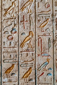 HIEROGLYPHES EGYPTIENNES ECRITURE SACREE FIGURATIVE, TOMBEAU DU PHARAON MERENPTAH, VALLEE DES ROIS, ABRITE LES HYPOGEES DE NOMBREUX PHARAONS DU NOUVEL EMPIRE, LOUXOR, EGYPTE, AFRIQUE 