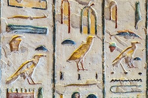 HIEROGLYPHES EGYPTIENNES ECRITURE SACREE FIGURATIVE, TOMBEAU DU PHARAON MERENPTAH, VALLEE DES ROIS, ABRITE LES HYPOGEES DE NOMBREUX PHARAONS DU NOUVEL EMPIRE, LOUXOR, EGYPTE, AFRIQUE 