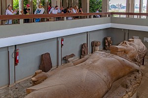 DETAIL DU VISAGE DU PHARAON, STATUE DU COLOSSE EN GRANIT DE RAMSES II, 10 METRES DE LONG, MUSEE DE MIT RAHINA EN PLEIN AIR, CLASSE AU PATRIMOINE MONDIAL DE L'UNESCO, LE CAIRE, EGYPTE, AFRIQUE 