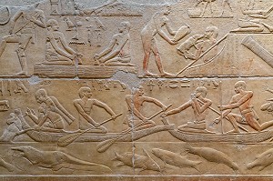 SCENES DE PECHE, D'ELEVAGE ET CULTURE, BAS-RELIEF DU MASTABA DE KAGEMNI, VIZIR DU PHARAON TETI DE LA IV EME DYNASTIE, NECROPOLE DE SAQQARAH, REGION DE MEMPHIS ANCIENNE CAPITALE DE L'EGYPTE ANTIQUE, LE CAIRE, EGYPTE, AFRIQUE 