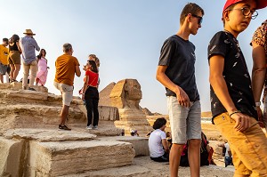 AMAS DE TOURISTES DEVANT LE SPHINX DE GIZEH, STATUE THERIANTHROPE, PLUS GRAND SCUPTURE MONUMENTALE MONOLITHIQUE AU MONDE DE 73,5 METRES DE LONGUEUR LE CAIRE, EGYPTE, AFRIQUE 