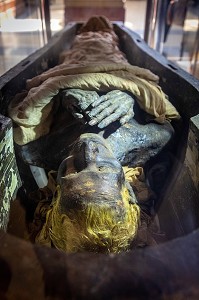 MOMIE DE THUYA DANS SON SARCOPHAGE (XVIII EME DYNASTIE), MUSEE EGYPTIEN DU CAIRE CONSACRE A L'ANTIQUITE EGYPTIENNE, LE CAIRE, EGYPTE, AFRIQUE 