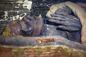 MOMIE DE THUYA DANS SON SARCOPHAGE (XVIII EME DYNASTIE), MUSEE EGYPTIEN DU CAIRE CONSACRE A L'ANTIQUITE EGYPTIENNE, LE CAIRE, EGYPTE, AFRIQUE 