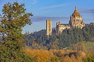  CAMPANILE AND THE BASILICA OF SAINTE-THERESE OF LISIEUX EMERGING OUT OF THE COUNTRY LANDSCAPE, BIGGEST BASILICA IN FRANCE AND PILGRIMAGE SITE, LISIEUX, PAYS D'AUGE, NORMANDY, FRANCE