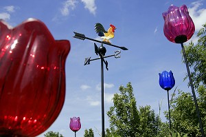 JEUNES POUSSES : ROSE DES VENTS ET TULIPES EN VERRE, PARCOURS DE JARDINS CULTURELS, LYCEE AGRICOLE PRIVE DE NERMONT, CHATEAUDUN. EUROLAND. ART, 1ER FESTIVAL EUROPEEN D'ART GRANDEUR NATURE SUR LA ROUTE DU BLE EN BEAUCE, EURE ET LOIR 