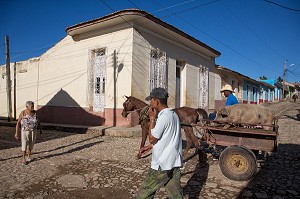 PAYSAN AVEC SON CHEVAL ET SA CHARRETTE, TRINIDAD, CLASSEE AU PATRIMOINE MONDIAL DE L’HUMANITE PAR L’UNESCO, CUBA, CARAIBES 